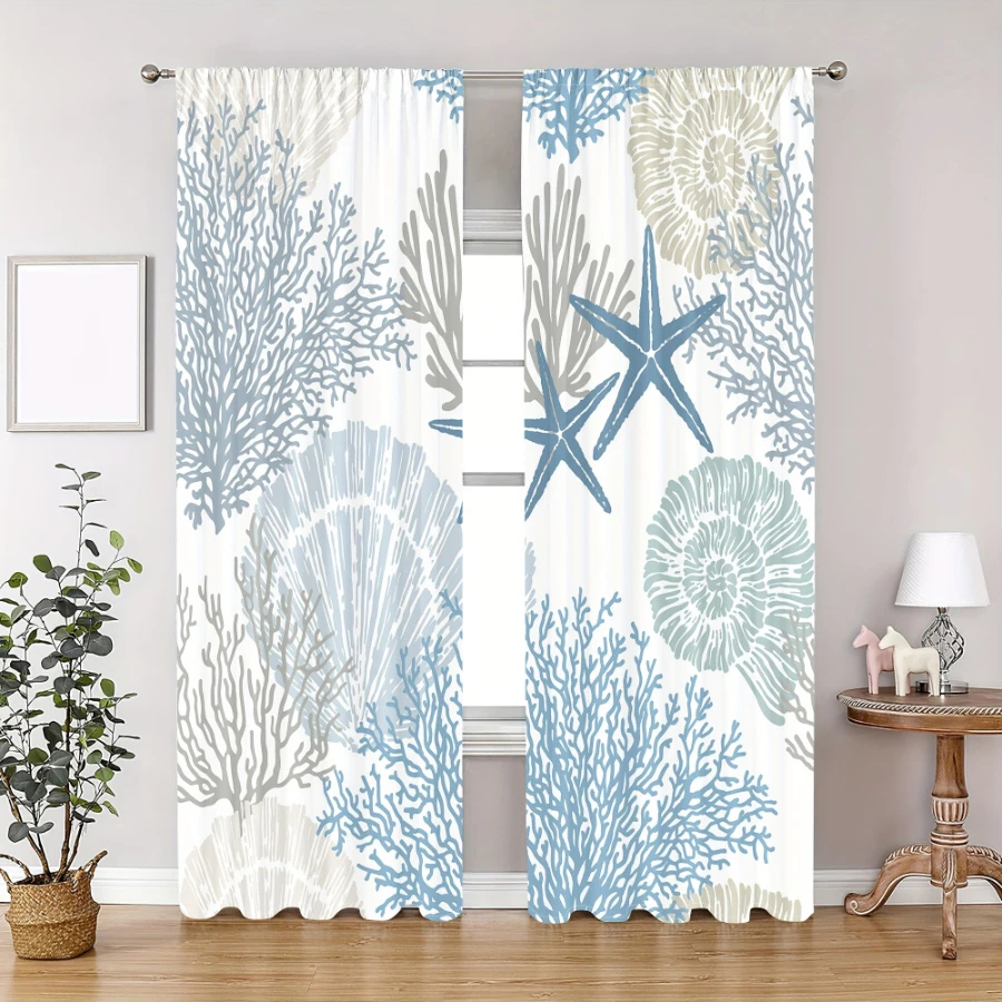 2PCS Digital Printed Curtains, Blue Tone Shell Coral Design, Nautical Ocean Style for Living Room Bedroom Kitchen Home Decor