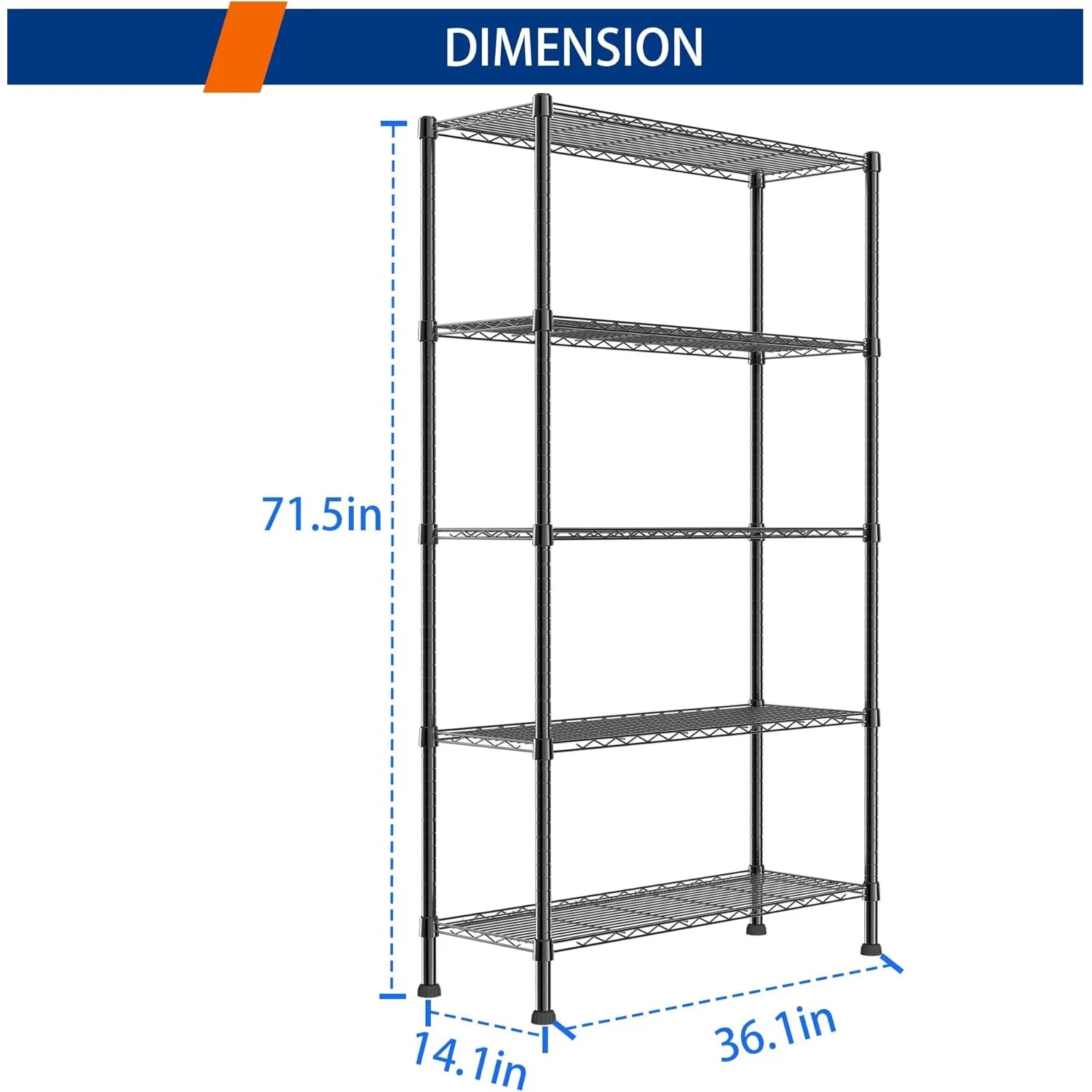 ชั้นวางของโลหะ 5 ชั้น ชั้นวางของแบบปรับได้,หน่วยชั้นวางของแบบยืน (สีดํา,14.1" D x 36.1" W x 71.5" H)