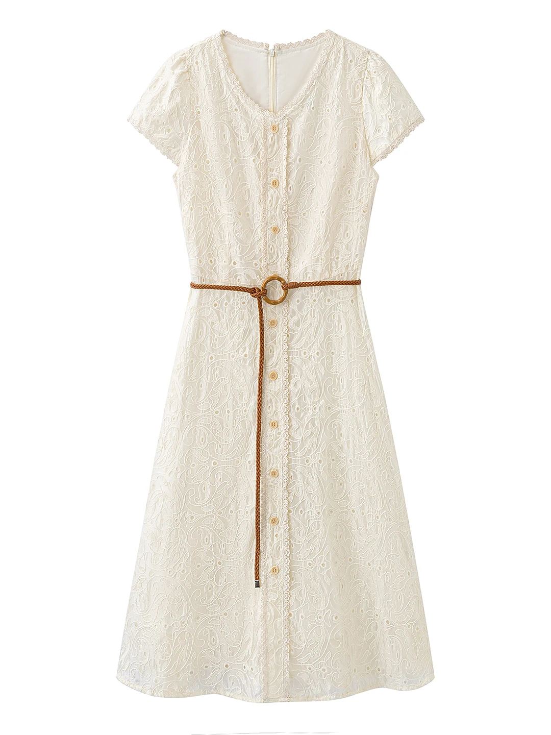 Vestido Midi Feminino TUCANO Gentle Wind com Manga Curta e Renda Bordada, Modelo A-Line, Efeito Emagrecedor, Moda Verão