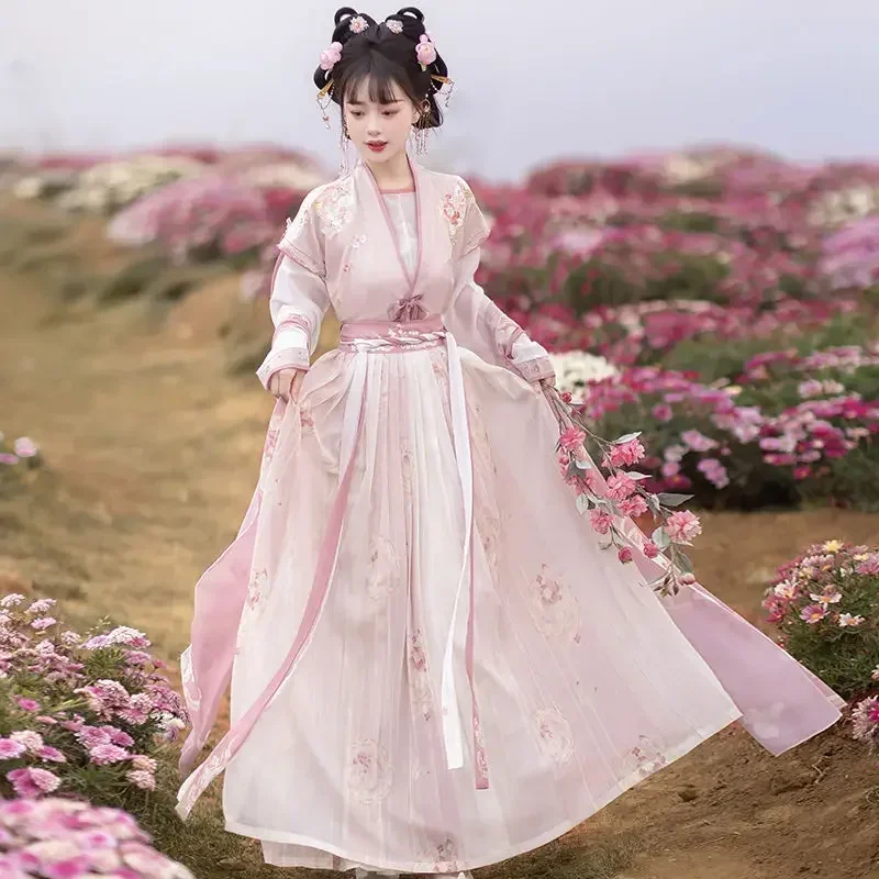 

Women Ancient Chinese Hanfu Dress Costumes Pink Embroidered Coat White Blouse Printed Skirt Vestidos Elegantes Para Mujer