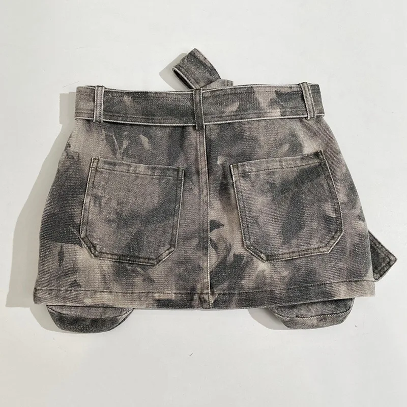 Camouflage Vrouwen Korte Denim Rok Multi Pocket Cargo Met Riem Zomer Losse Hete Meid Straat Casual Lage Taille Rook Grijze Jurk