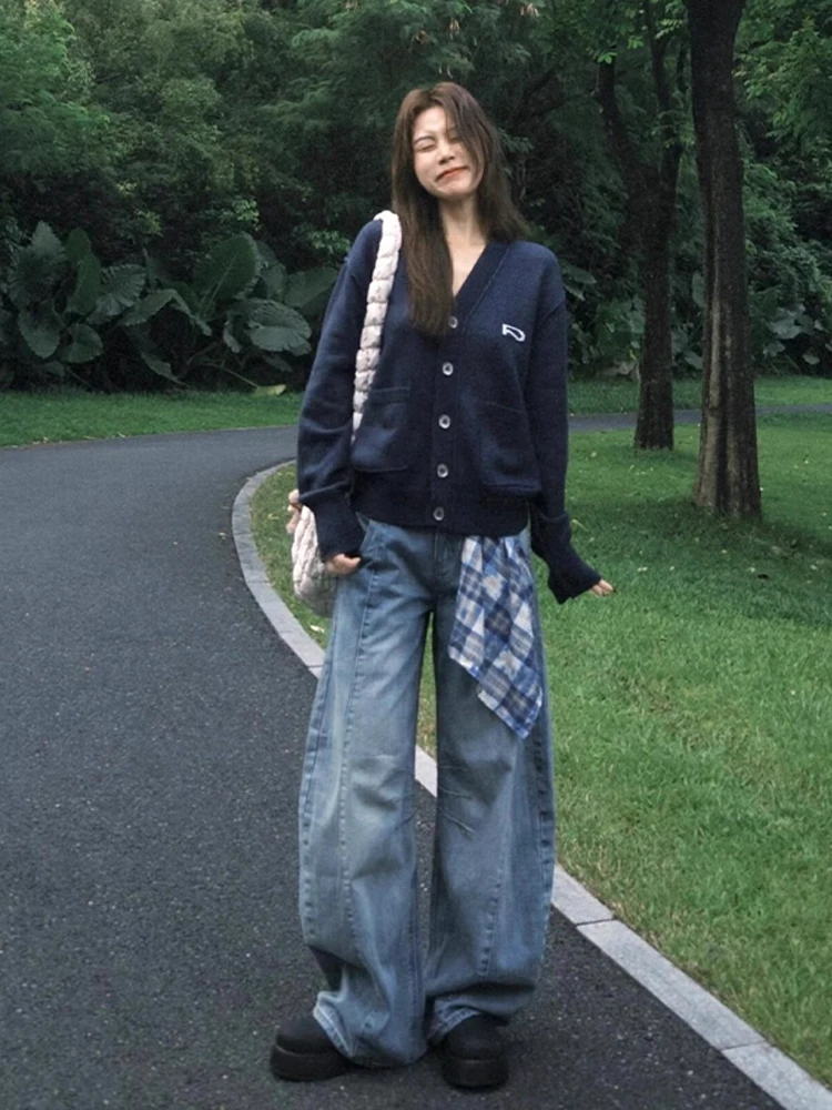 

Американский клетчатый шарф, широкие джинсы, мужские осенние трендовые повседневные свободные прямые брюки, подходящие для похудения, длинные брюки