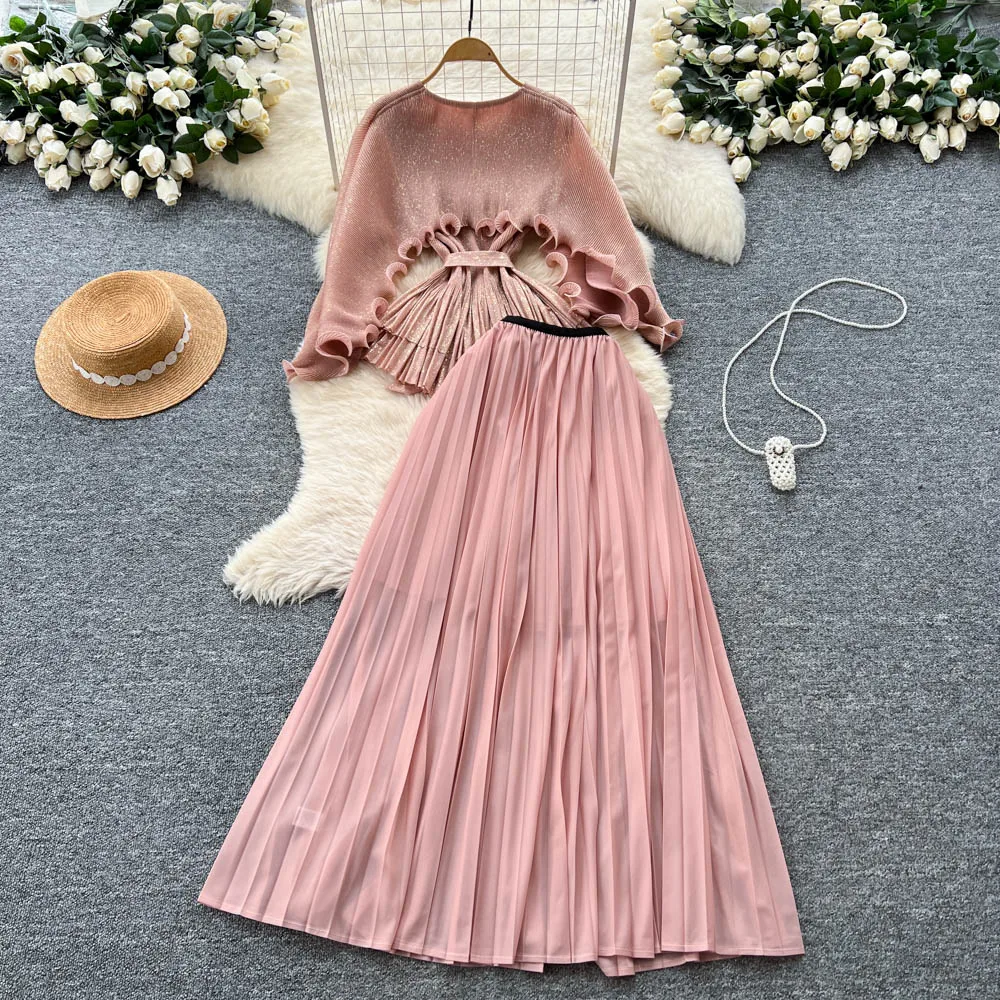 Schickes Vintage dreidimensionales Langarm-Blumenmuster koreanische Mode Herbst Winter Damen Kleidung Kleid Zweiteiliges Set