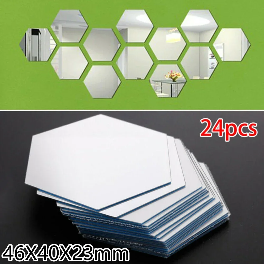 24Pcs 3D Mirror Hexagon Wall Stickers Removable Art Decal Home Decor Mural DIY Silver Acrylic Reflective Mirror Wall Stickers NE