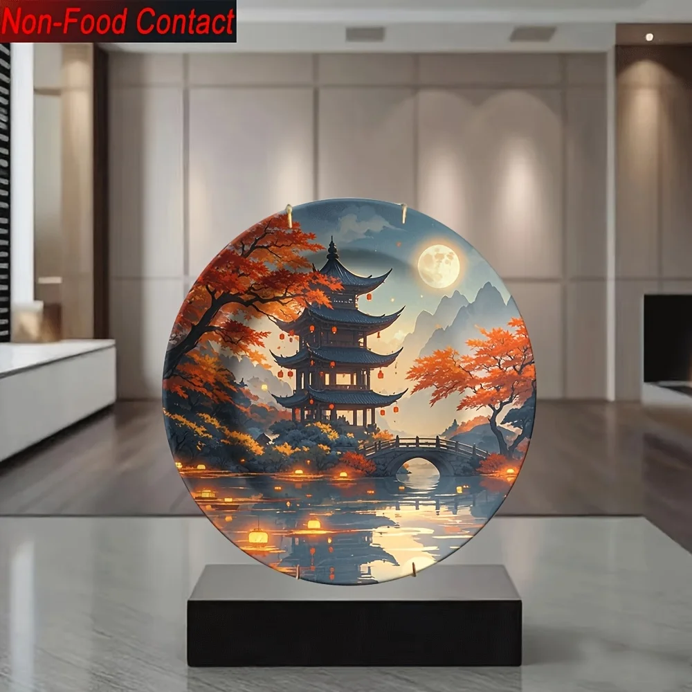 1pc Elegant Ceramic Decorative Plate with Autumn Moonlit Pavilion Design - Traditional Chinese Style, Non-Food Contact, Ideal
