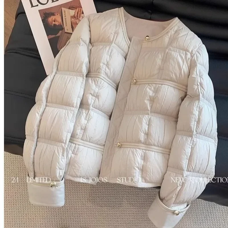 

Черная легкая пуховая хлопковая одежда, женские пальто с круглым вырезом и металлическими пуговицами, пальто с длинными рукавами, универсальная женская куртка большого размера