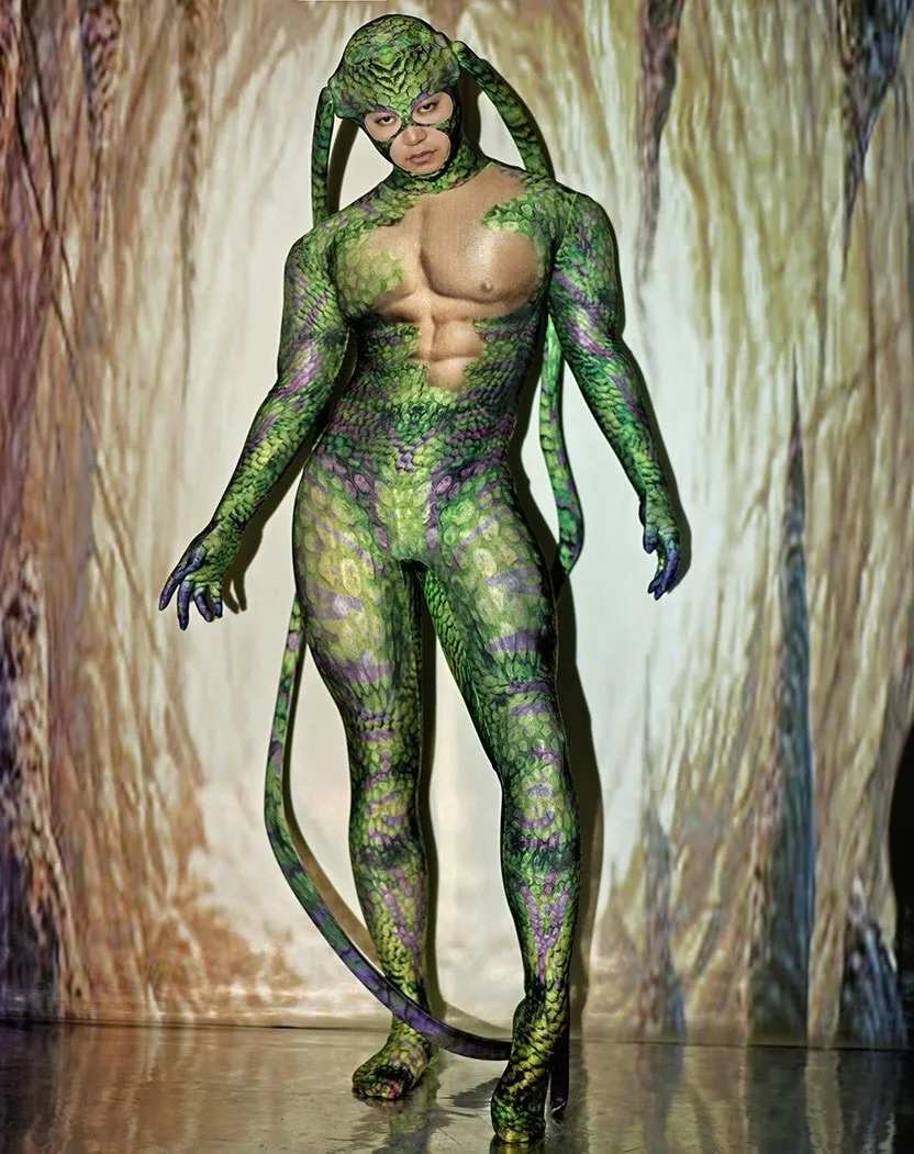 Halloween Rave Party Role playing Stage Clothes Green bodysuit snake Spandex Stretch Skinny Jumpsuit Men Women play Costume