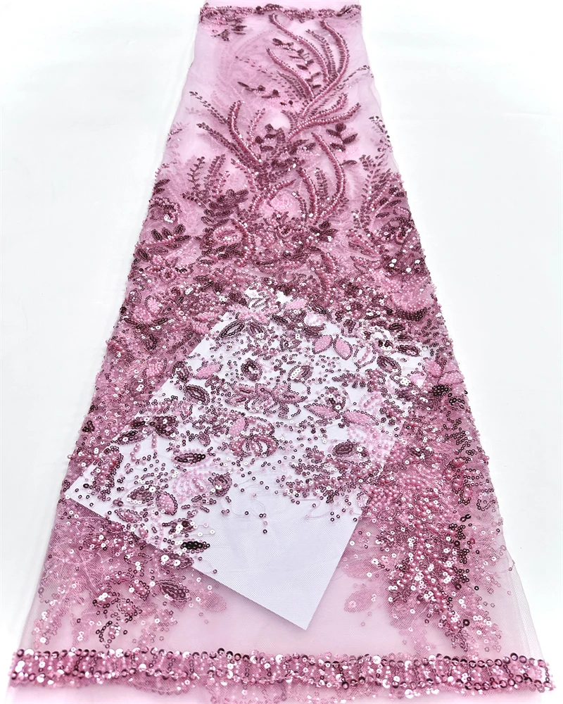 

Luxury Nigerian Beaded Lace Fabric with High-Quality Sequins for African Party Dress Sewing Material