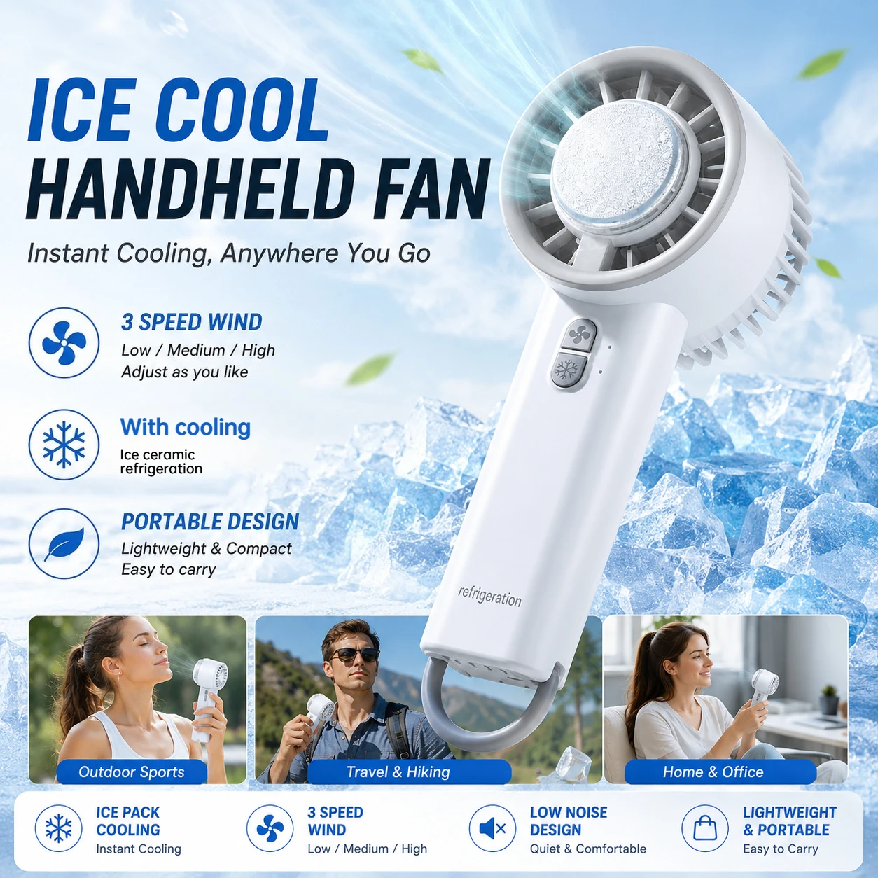 Handheld Small Fan Portable Ice Pack Cooling Fan 3/100-speed Adjustable Wind Speed Long Battery Life Silent Outdoor Electric Fan