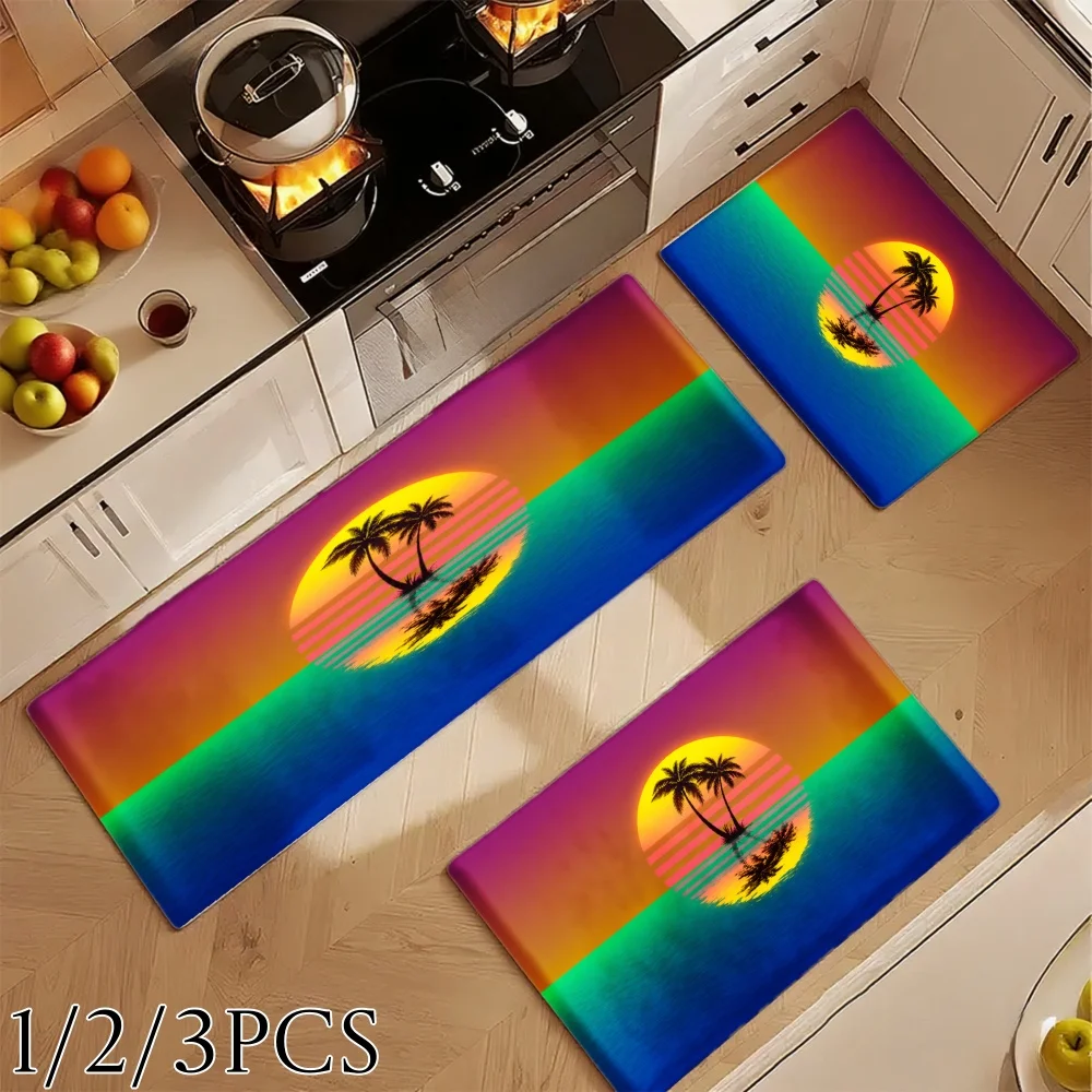 3PCS Kitchen Rugs,Home Decoration for Front Door, Kitchen, Bathroom, Sunset Palm Tree Ocean Sky Rainbow Colors Dining Mat