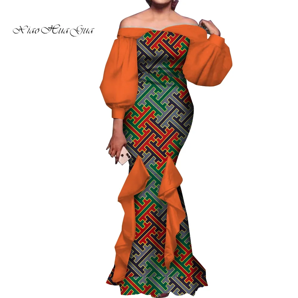 Fashion Women Ankara Dresses Flash Neck Puff Sleeve Long Dress African Dress Robe Africaine Femme Evening Mermaid Dress WY1848