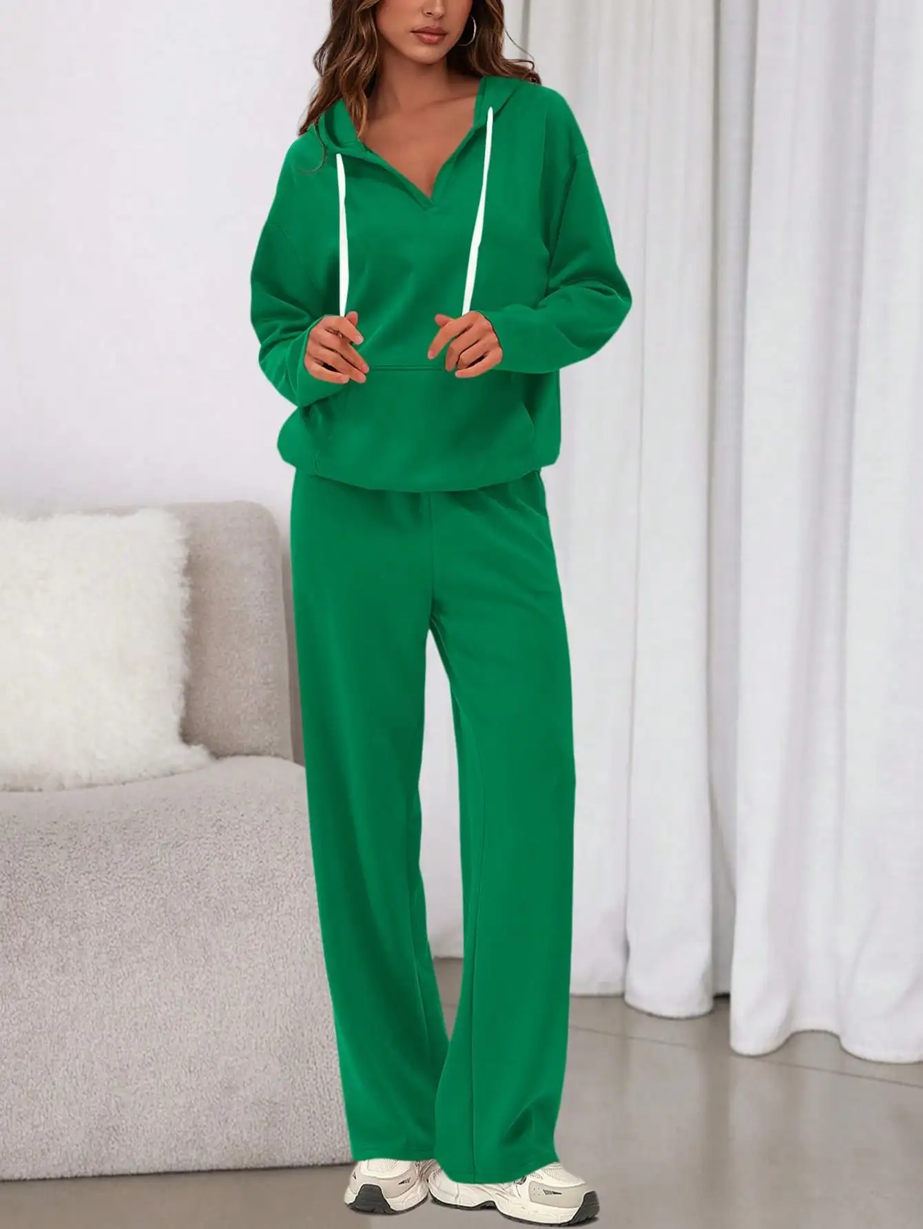 Women's 2-Piece Green Oversized V-Neck Hoodie & Wide Leg Sweatpants Set