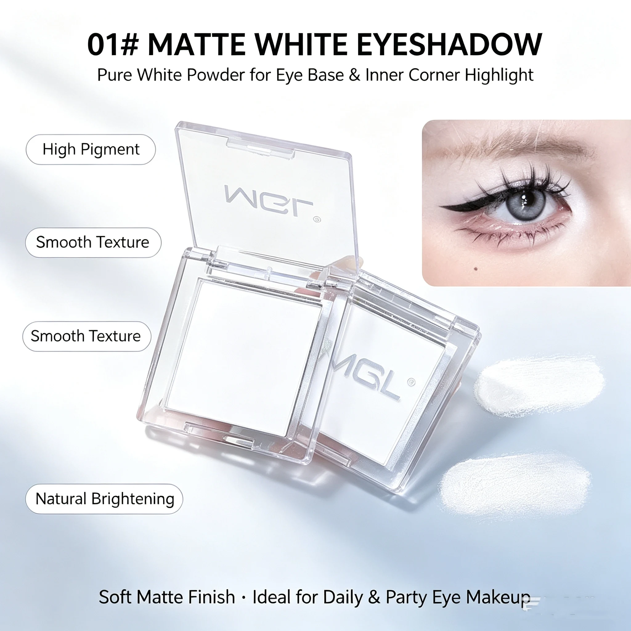 Pure White Single Eyeshadow Matte Highlighter, for Inner Corner, Cut Crease & Tear Trough, Affordable Makeup for Students