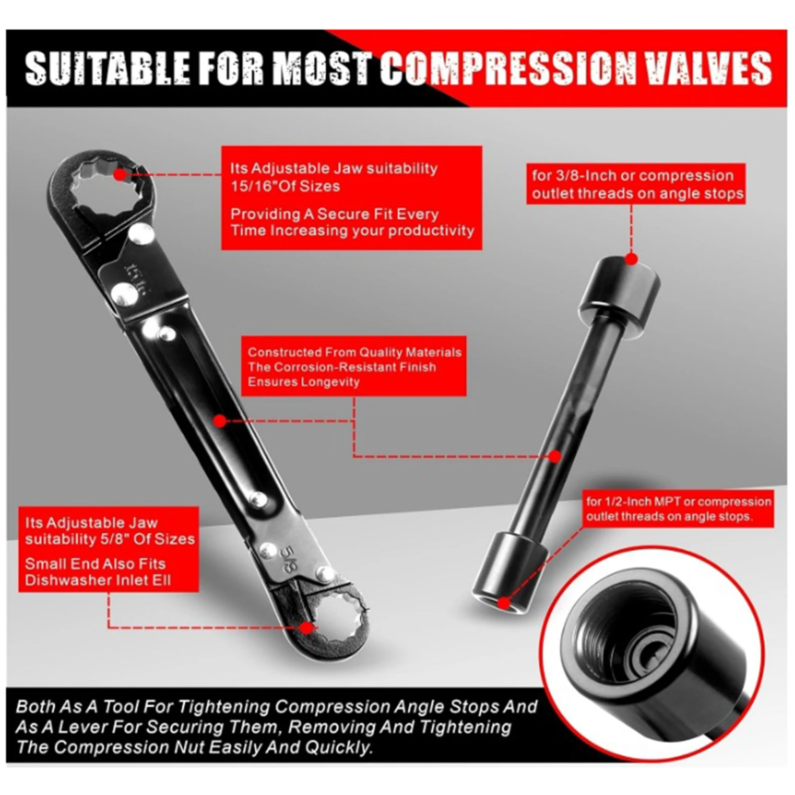 Double-Ended Pipe Wrench With Angle Stop Wrench Professional Plumbing Tools Angle-On Wrench Kit Household Sink Tap Spanner Tool