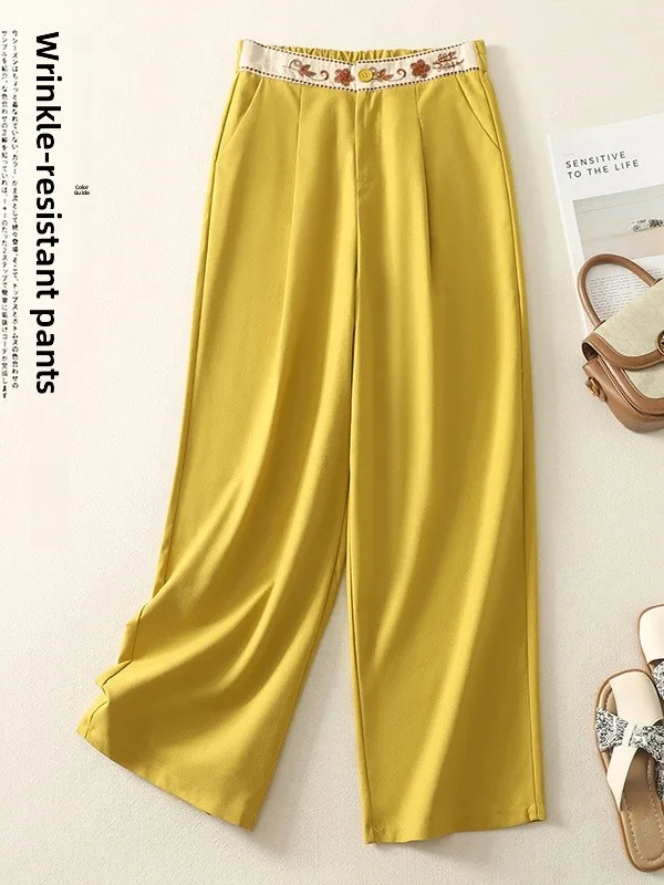 Ele bestickte Hose mit hoher Taille und weitem Bein, lässige Leinenhose mit geradem Schnitt, lockere Passform, Sommerhose für Damen in Übergröße