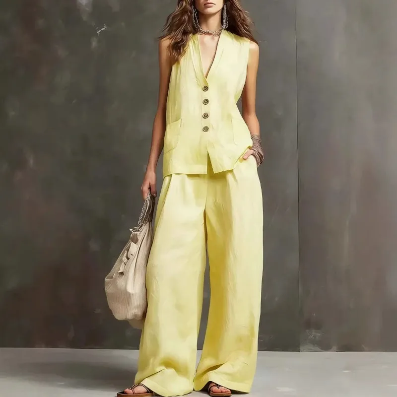 Women Vest Wide Leg Pants Two Piece Set V Neck Sleeveless Button Waistcoat High Waist Loose Trousers Daily Casual Street Outfit