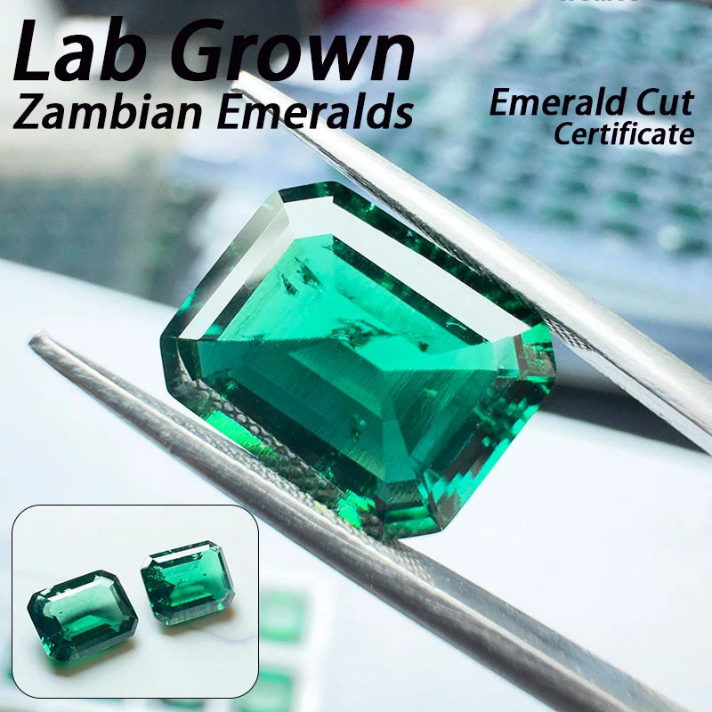 Lab Grown Zambian Emeralds Emerald Cut Hydrothermal Hand Cutting with Cracks Inclusions Inside Charms Jewelry Making Certificate