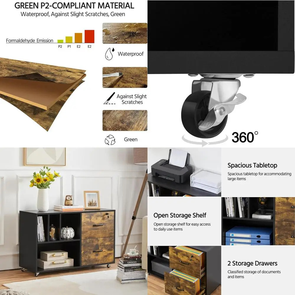 

Mobile Letter/A4 Size Rolling File Cabinet with 4 Shelves for Home Office, Black/Rustic Brown
