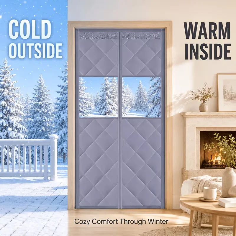 1pc Magnetic Thermal Door Curtain with Clear Window, thickened windproof winter door cover. Self-closing no-hand wind strip