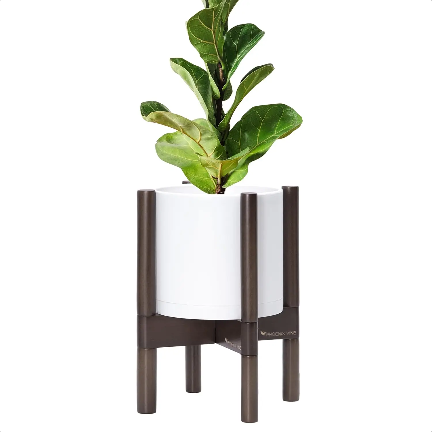 

8 Inch Plastic Cylinder Flower Pot with Wood Stand, Matte White and Walnut for Indoor Plants