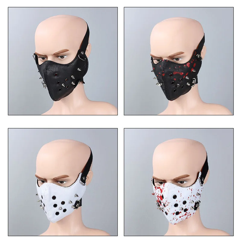 Red Blood Print Rivet Spike Biker Motorcycle Face Mask Men Women Unisex Rock Punk Sunscreen Windproof Dustproof Leather Headband