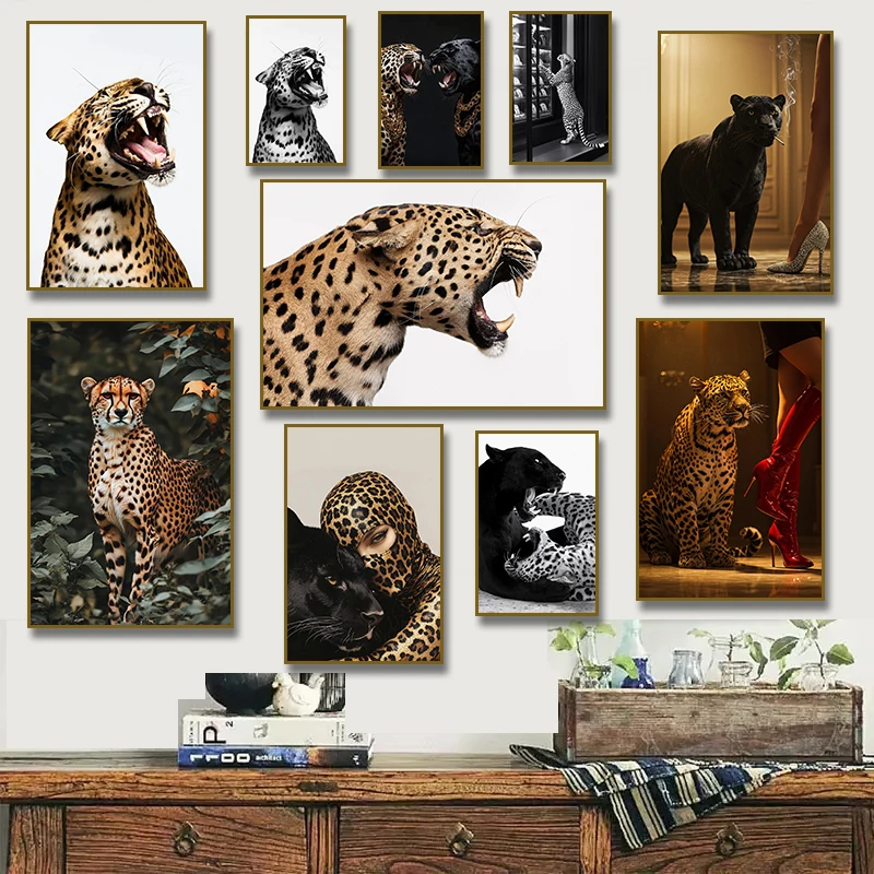 1PC--Cheetah Leopard Black Panther, with Jewelry Photography Poster Fashion Canvas Painting Print Wall Art for Living Room Ho