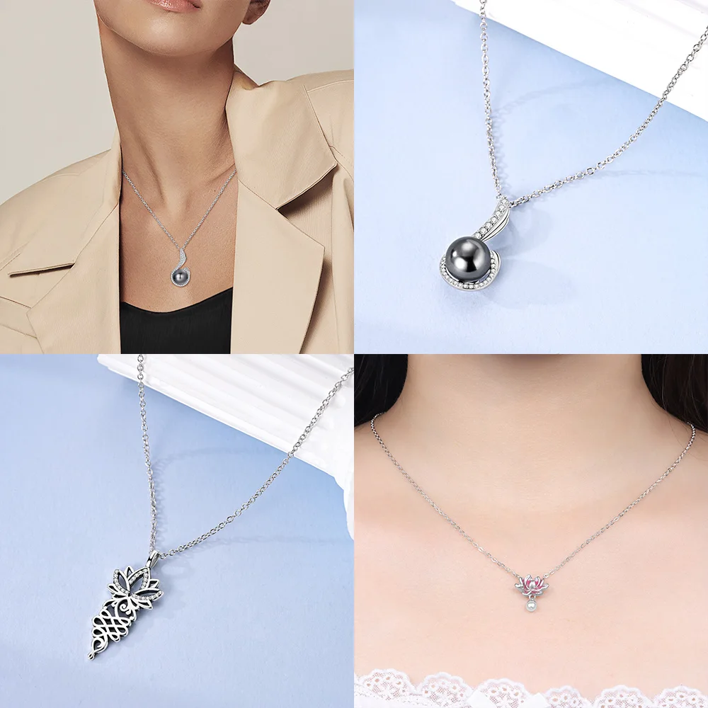 

Pink Lotus Necklace Women's Drop Zircon Black Pearl Necklace Original 925 Sterling Silver Anniversary Fine Gift Making Accessory