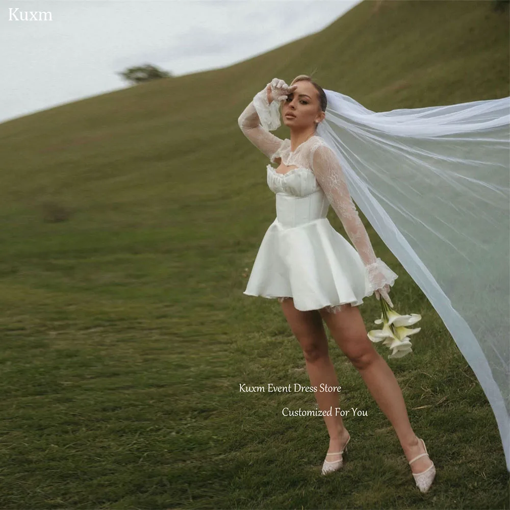 Kuxm White Sweetheart A Line Wedding Gown Sleeveless Satin Bridal Gown Lace Appliques Short Wedding Party Attire Customized