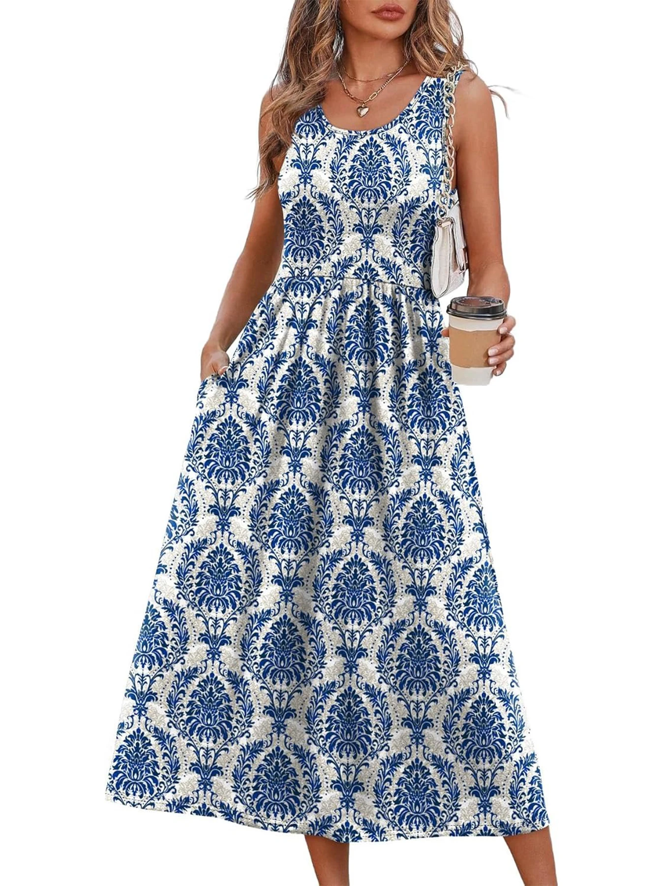 2026 Sommer Neue Kleider für Damen Bedrucktes Lässiges Midikleid Modisches Ärmelloses Rundhals-Strandkleid mit Taschen – Detail 27