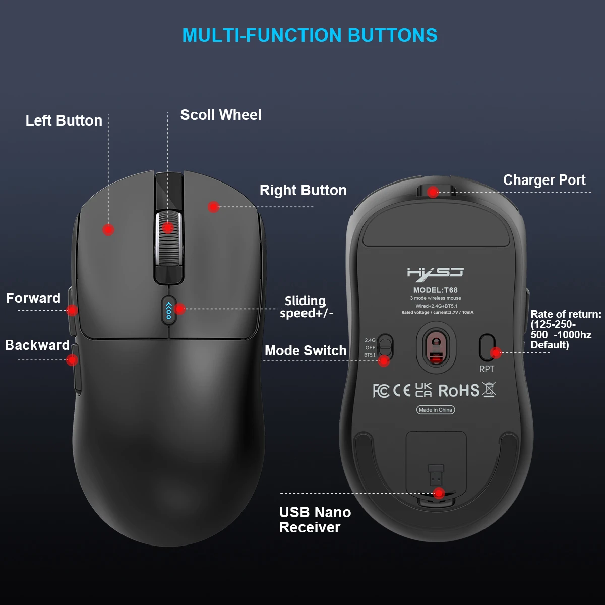 HXSJ lightweight the third mock examination wired wireless mouse can be recharged 12000 DPI adjustable plug and play optical