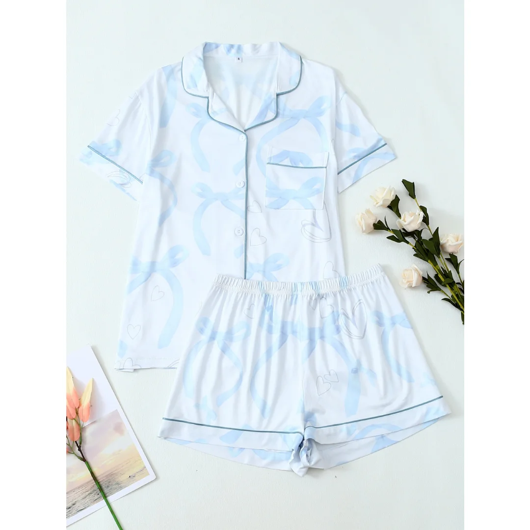 

Cute Blue Bows Print Pajamas for Women Home Wear Loungewear Set 2pcs Lapel Short-sleeved Shirts Short Pants Easter Summer Gifts