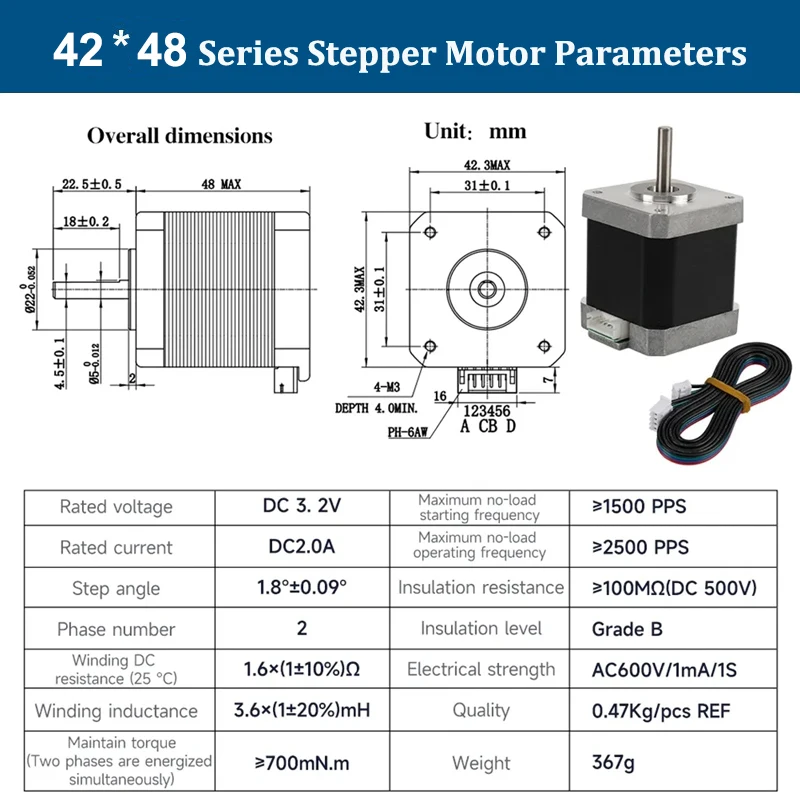 Motor paso a paso Nema 17 para impresora 3D, fresadora de grabado CNC, 2 fases de altura, 23/33/40/47/48/60mm, 42