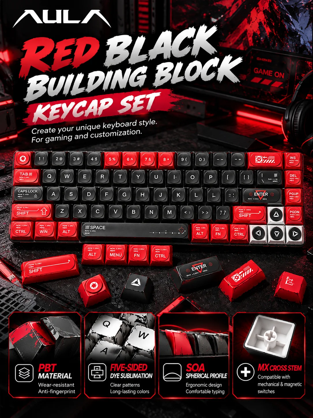 AULA Red Black Two Tone Keycap Set PBT Five Sided Dye Sublimation SOA Profile MX Stem Gaming Keyboard Keycaps