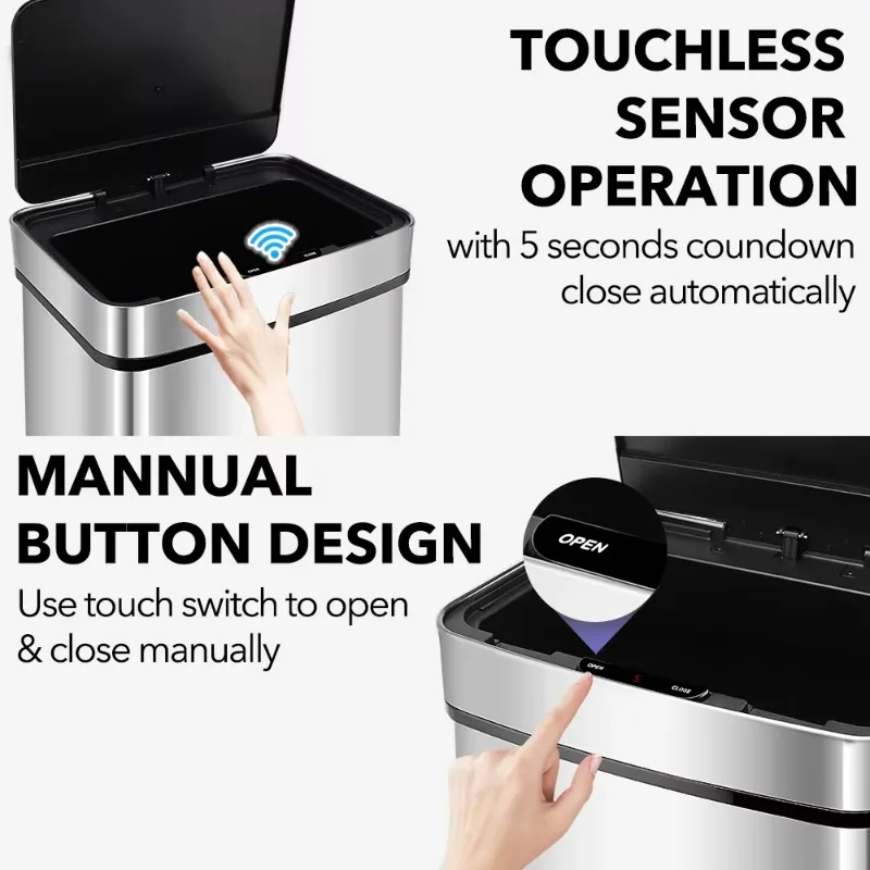 Large non-contact sensor trash bin with silent soft-closing lid, stainless steel material