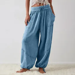 Women's Pants Loose Solid Elastic Waist Pocket Harem Pants Summer Vintage Boho Beach Trousers High Waist Wide Leg Pants