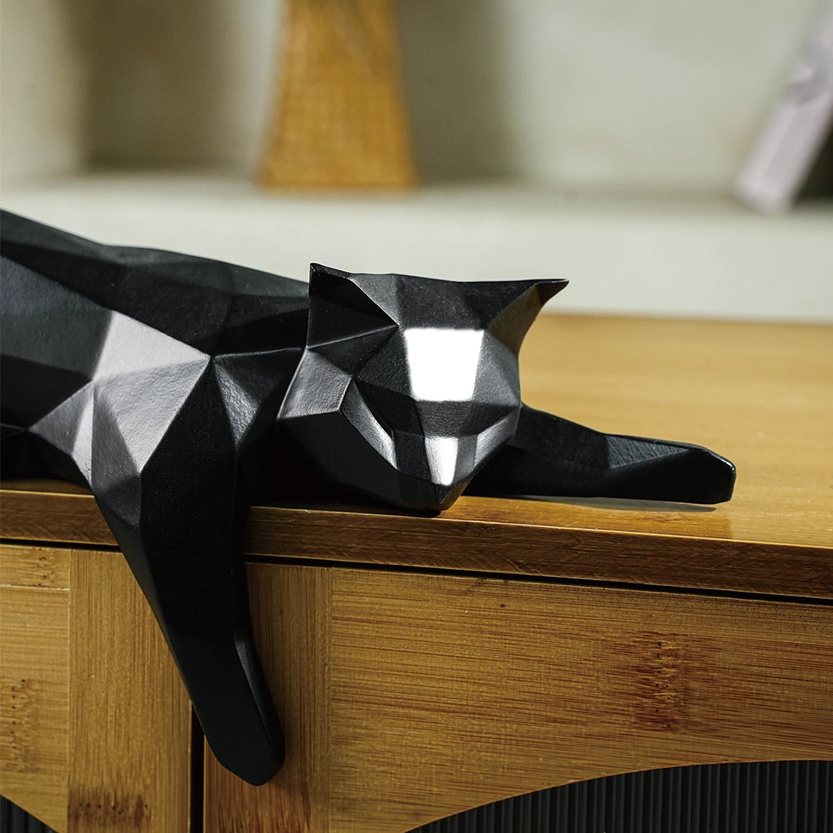 White Black Cat Statue - Geometric Modern Room Decor Figurine Sculpture for Home Office as Table Shelf Desk Decor  Lying Cat