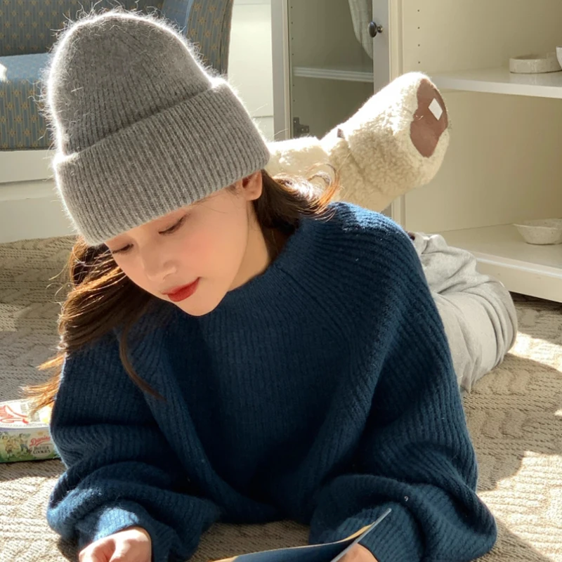 2024 Fluffy Angora Beanies Soft Warm Winter Hat Woman Rabbit Fur Knitted Cold SKI wool Beanie Female fashion Bonnet Rabbit Rur