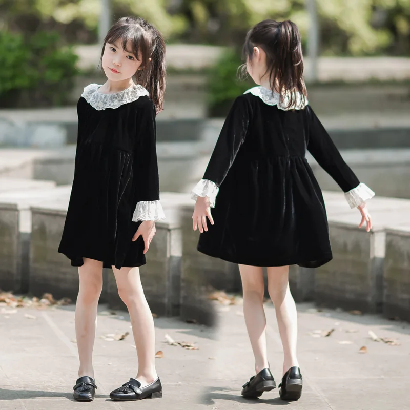 الخريف الشتاء فتاة المدرسة رشاقته فستان بكم طويل الأطفال فتاة تفريغ الدانتيل فستان حلو صغار فتاة الرجعية فستان كاجوال