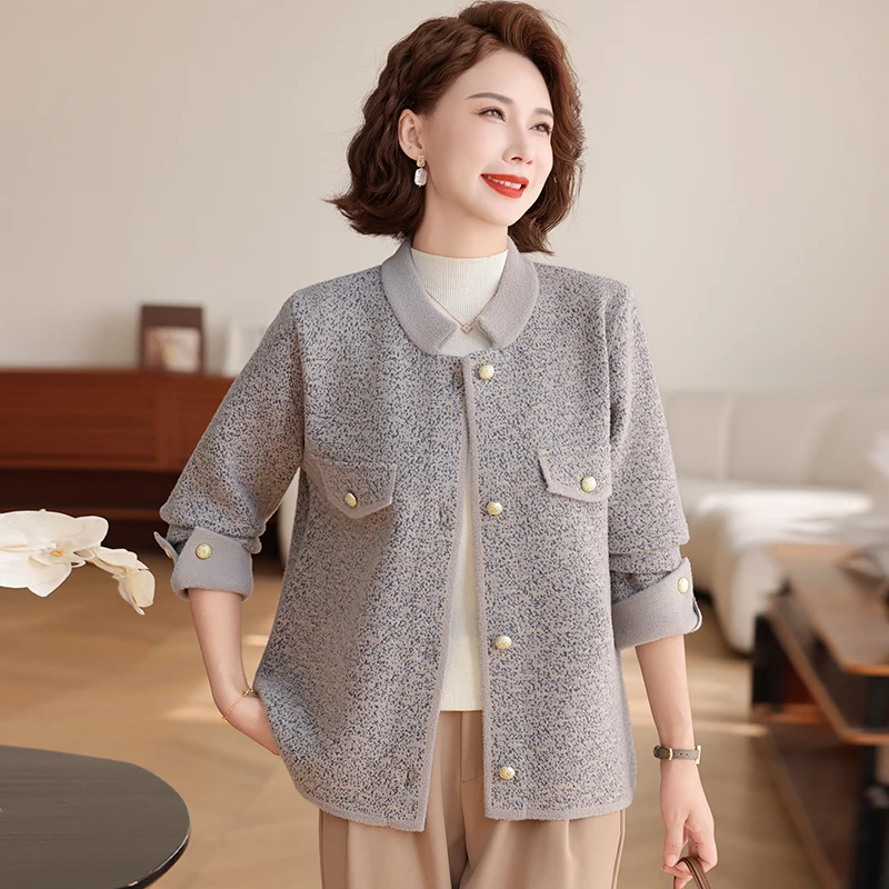 

Повседневный вязаный кардиган для женщин: модная осенняя верхняя одежда для мам среднего возраста, весенне-осенний топ свободного кроя, стандартный размер