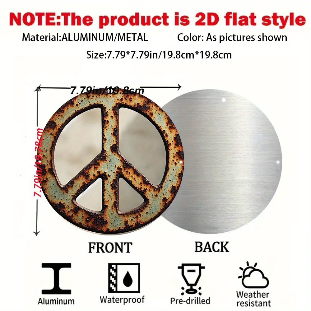 Rusted Distressed Peace Symbol Round Metal Wall Plaque, 1pc 2D Flat Decorative Tin Sign, 20x20 Retro Hippie Style Indoor Outdoor