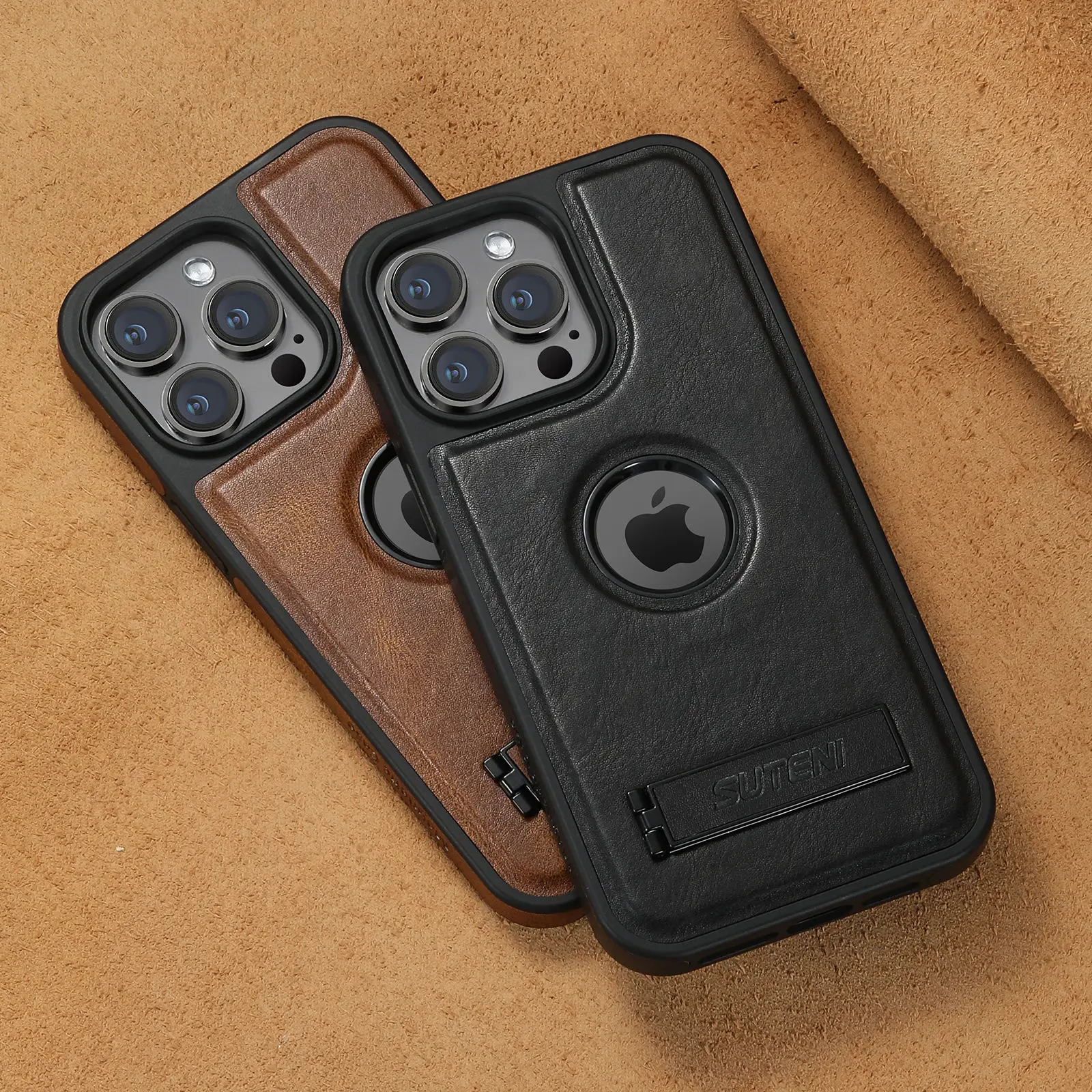 For iPhone 18 Pro 17 16 15 14 13 12 Pro Max Leather Case with Mag-safe Built-in Invisible Stand Protective Slim Kickstand Cover