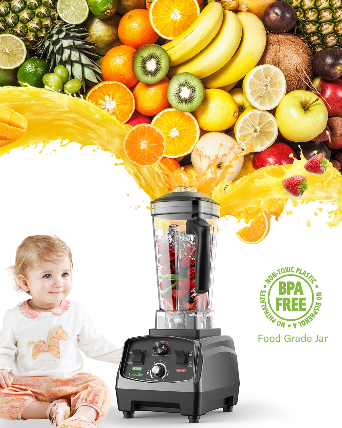 Сверхмощный блендер BioloMix 3HP 2200 Вт с таймером, миксер, соковыжималка, комбайн для фруктов, холодных смузи, без БФА, с ёмкостью 2 л