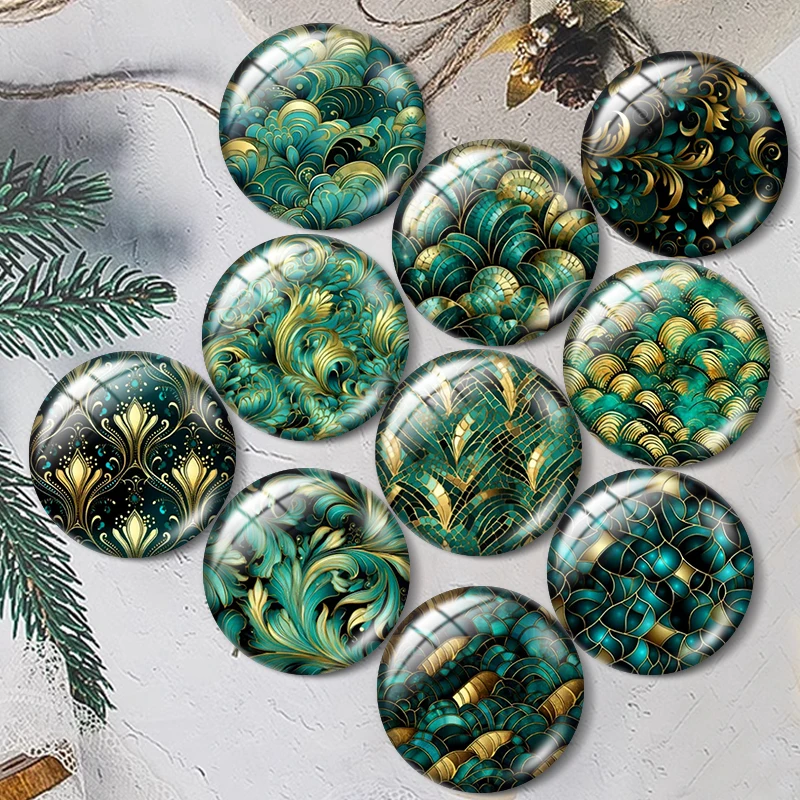 Gold and Teal Patterns 10pcs 12mm/18mm/20mm/25mm Round photo glass cabochon demo flat back Making findings