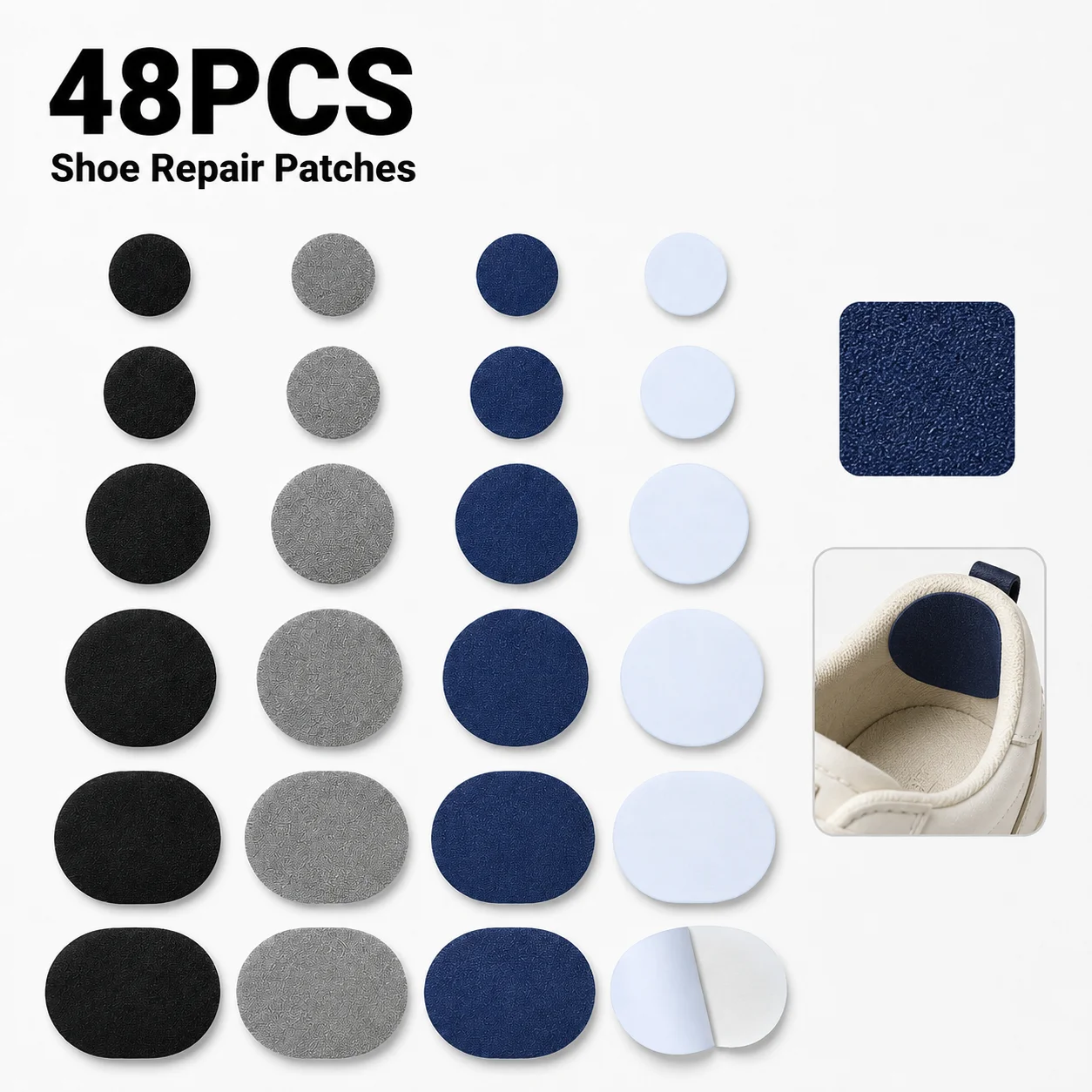48Pcs Shoe Heel Repair Patches, Self‑Adhesive Shoe Inner Liner Hole Repair Stickers, Anti‑Wear Shoe Care Pads for Sneakers & Can