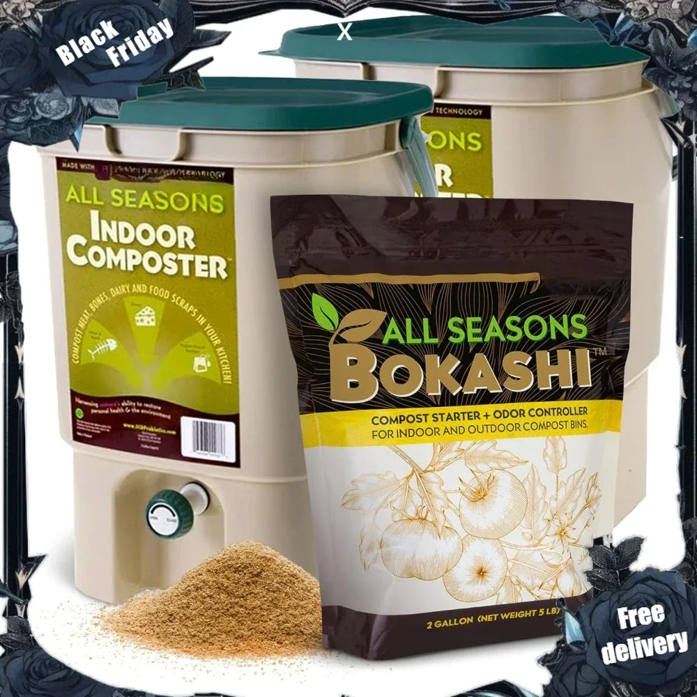 All Seasons Indoor Composter Starter Kit Two Family-Sized Composting Bins for Kitchen Countertop and Bran Compost Starter