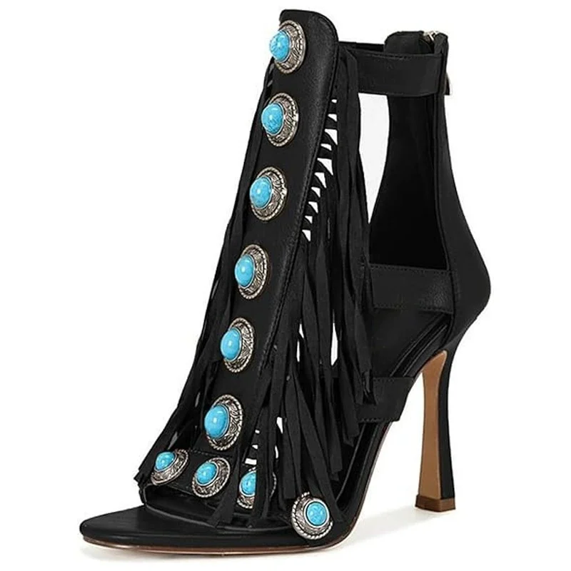 2025 Summer New Fringe Design Women Ankle Boots Round Toe Thin High Heels Female Sandals Hollow Out Cross-tied Sexy Ladies Pumps