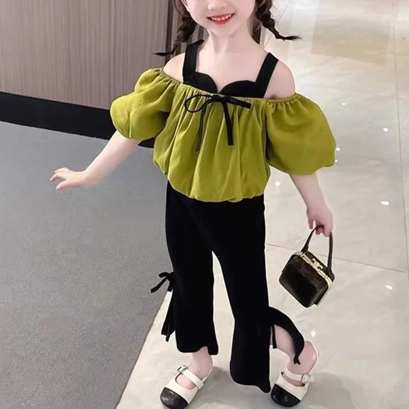 Summer New Girls Square Collar Off Shoulder Contrast Color Spliced Bow Fashionable Loose Sweet Puff Sleeve Elastic Pants Sets