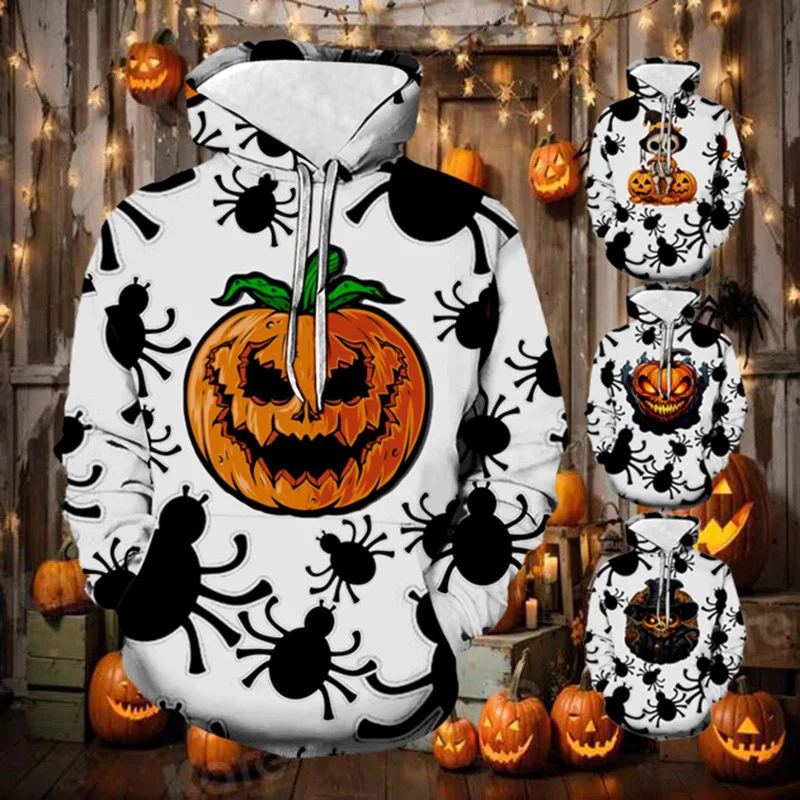 

2025 Fashion Thin 3D Spider And Pumpkin Graphic Printed Hoodie For Men Autumn Casual Comfortabel Halloween Sweatshirt Streetwear
