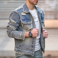 Stylish Retro Style Holes Street Men Slim Denim Jacket Coat Male Good Quality Distressed Casual Denim Jacket For Men's