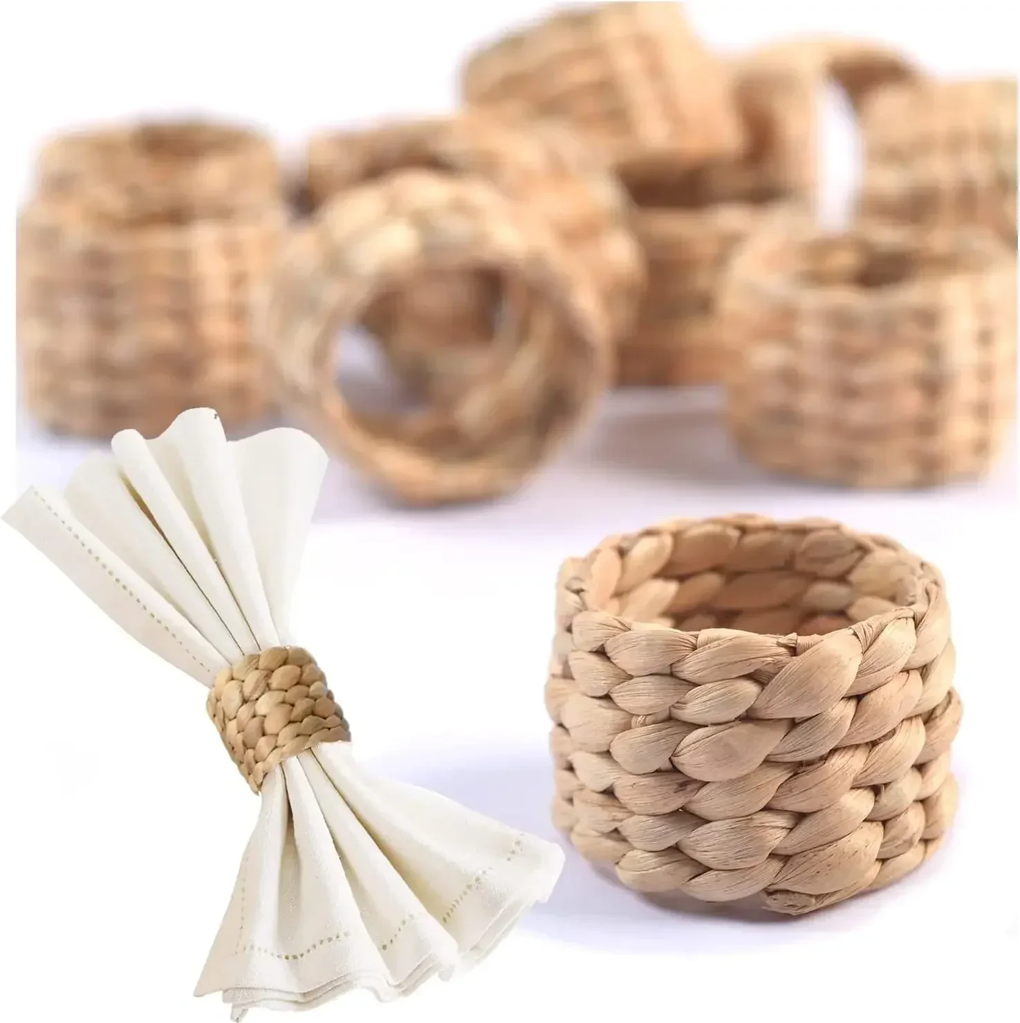 

Handwoven Water Hyacinth Reed Napkin Holders Round Braided Placemat Style Rings for Western Restaurant Catering Home Decor